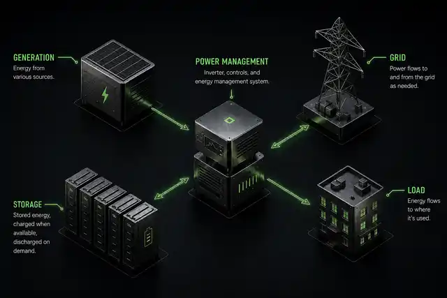 Isometric diagram of generation, storage, conversion, and load