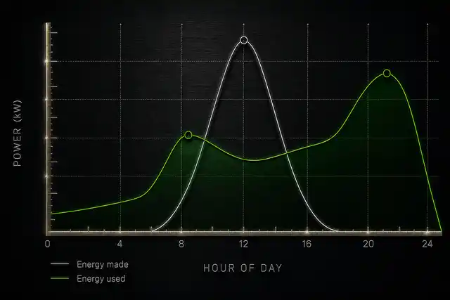 Load curve chart comparing energy made and energy used over a 24-hour period
