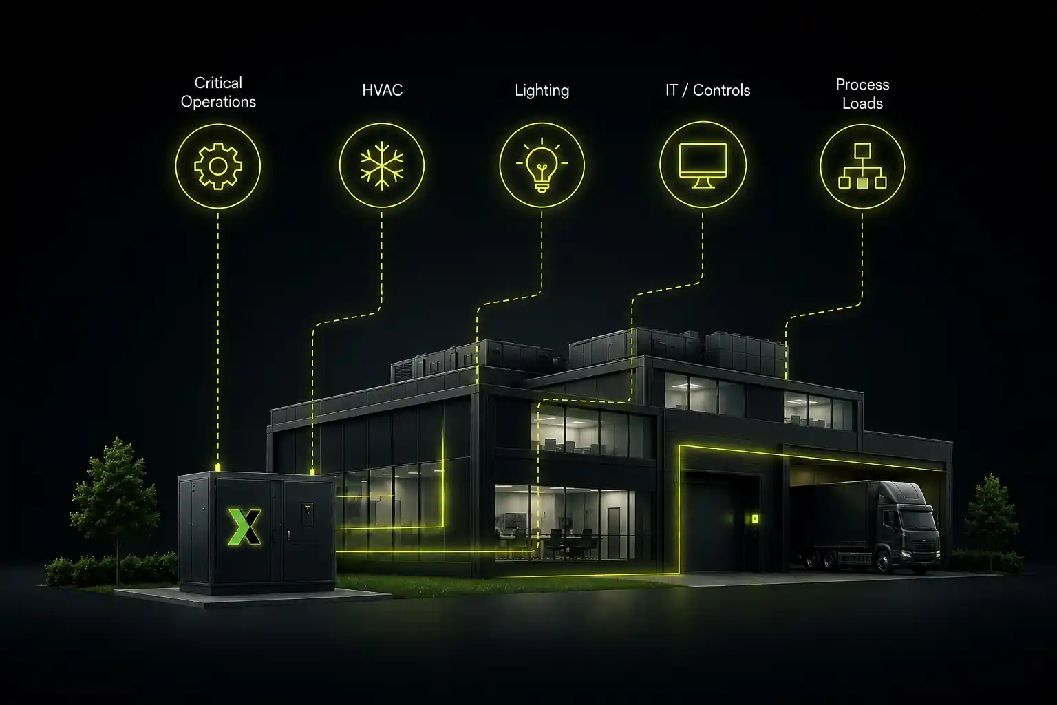 Load-driven design: critical operations, HVAC, lighting, IT, and process loads connected to a building's storage system