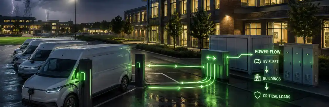 EV fleet feeding backup power to a building during an outage, V2G bidirectional charging diagram
