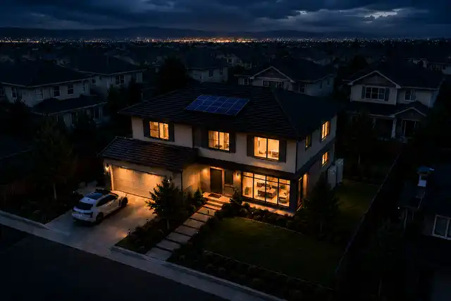 Aerial night view of a residential home powered through a grid outage while surrounding houses are dark, with rooftop solar and battery storage units visible