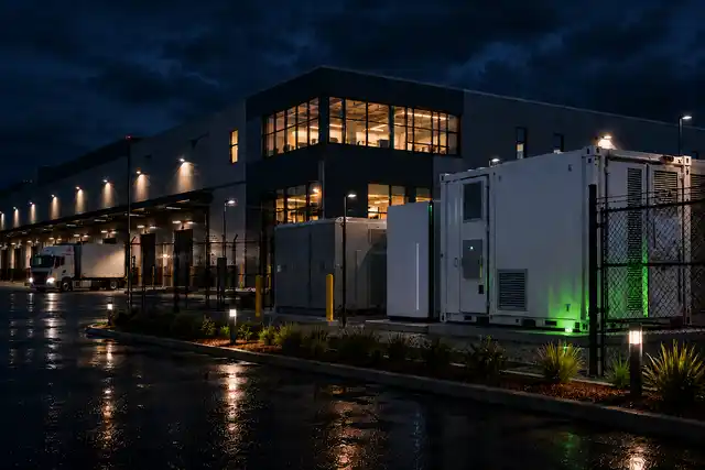 Industrial distribution facility with battery storage at night