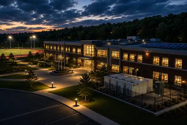 Aerial view of a school building at dusk with on-site battery storage units beside the entrance