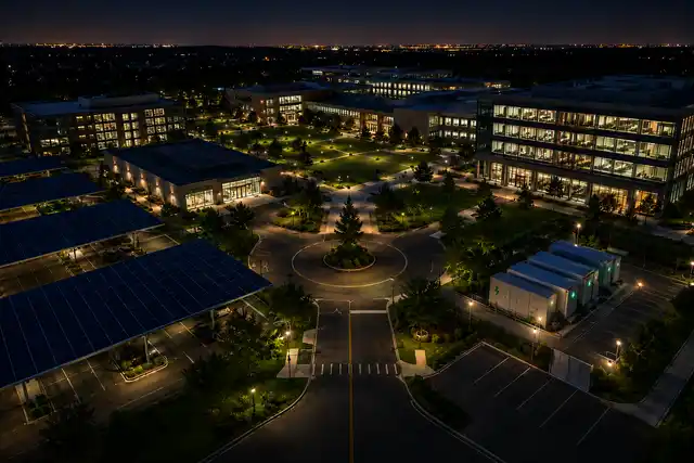 Aerial night view of a corporate and academic campus with multiple illuminated buildings, a central courtyard, and a rooftop solar carport