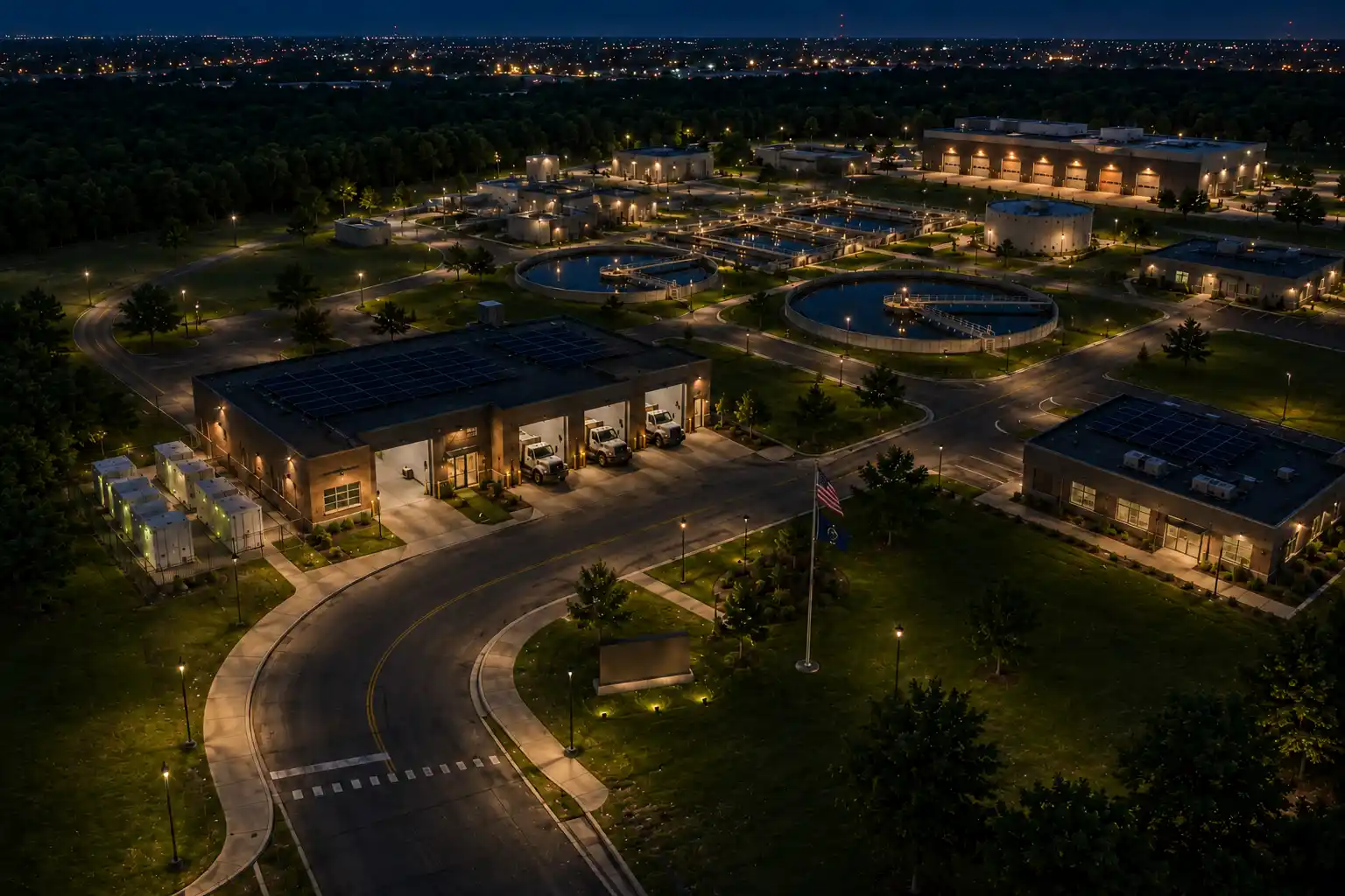 Aerial night view of a municipal water treatment campus with solar panels and battery storage units