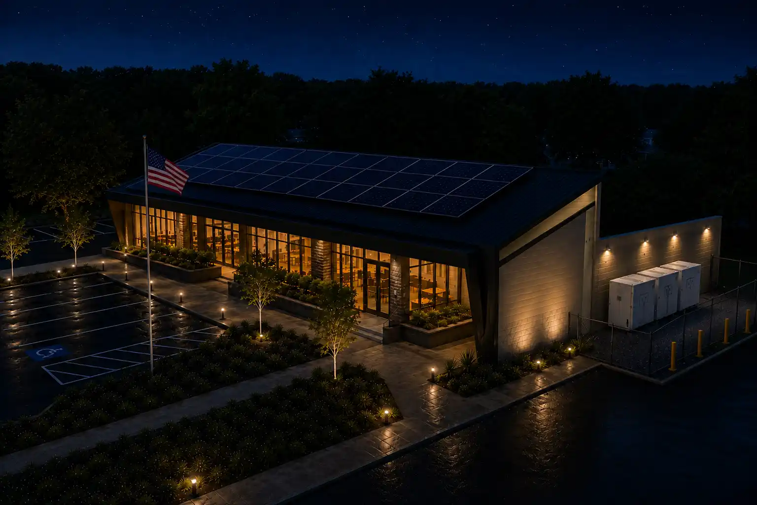 Aerial night view of a non-profit community center with rooftop solar and battery storage units