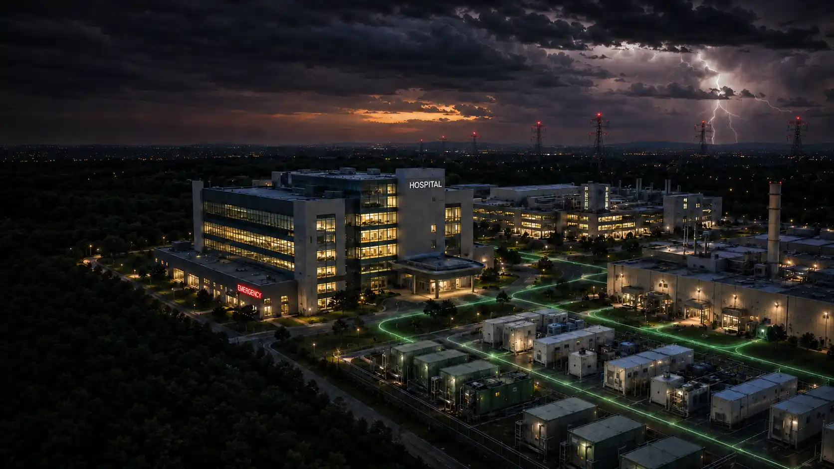 Aerial view of a campus and nearby homes during a storm, with grid transmission towers in the distance, while an on-site energy independence system keeps power running
